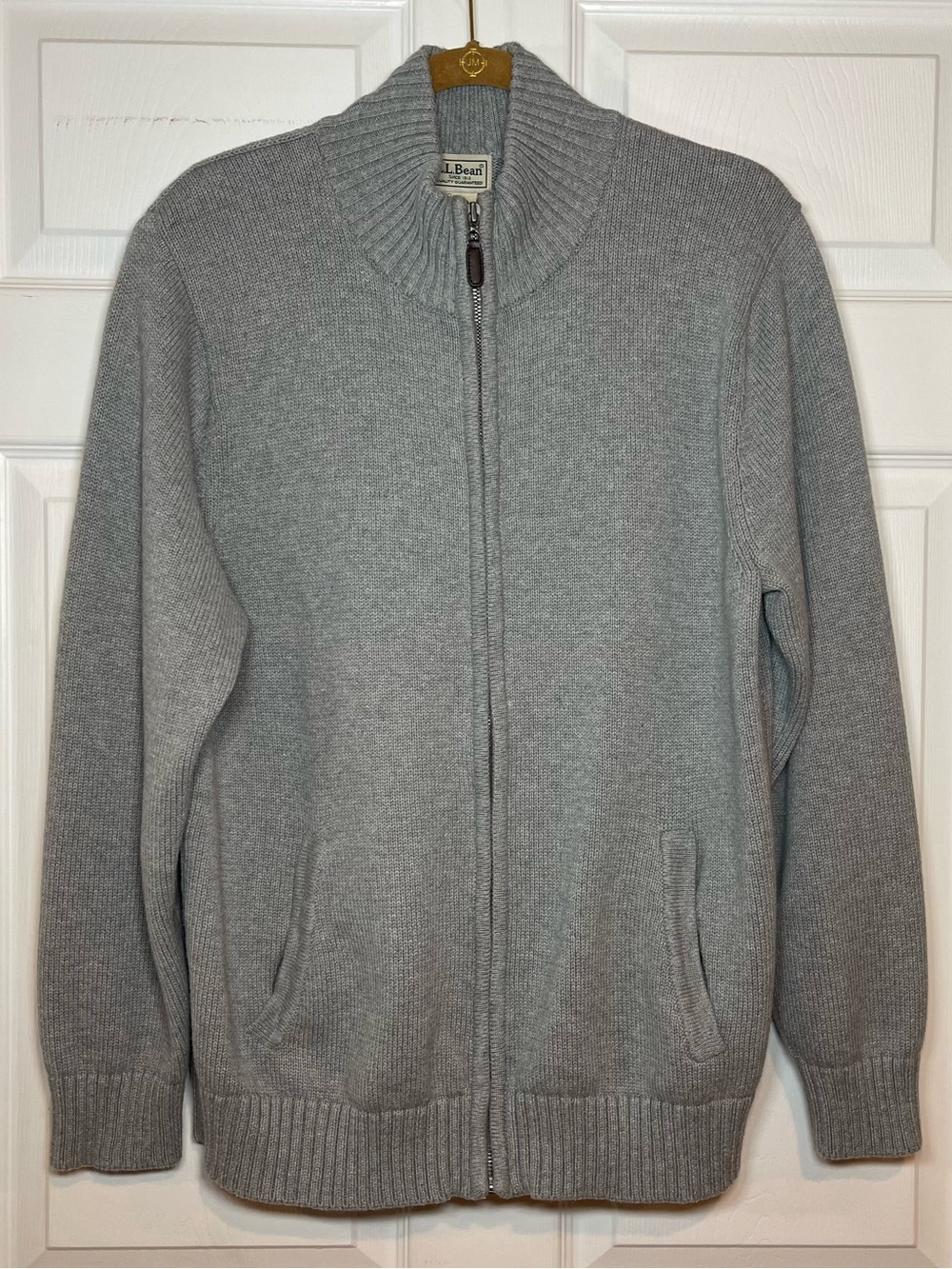 L.L. Bean Men’s M Full Zip Sweater Jacket Gray Ribbed Mock Neck Knit 100% Cotton